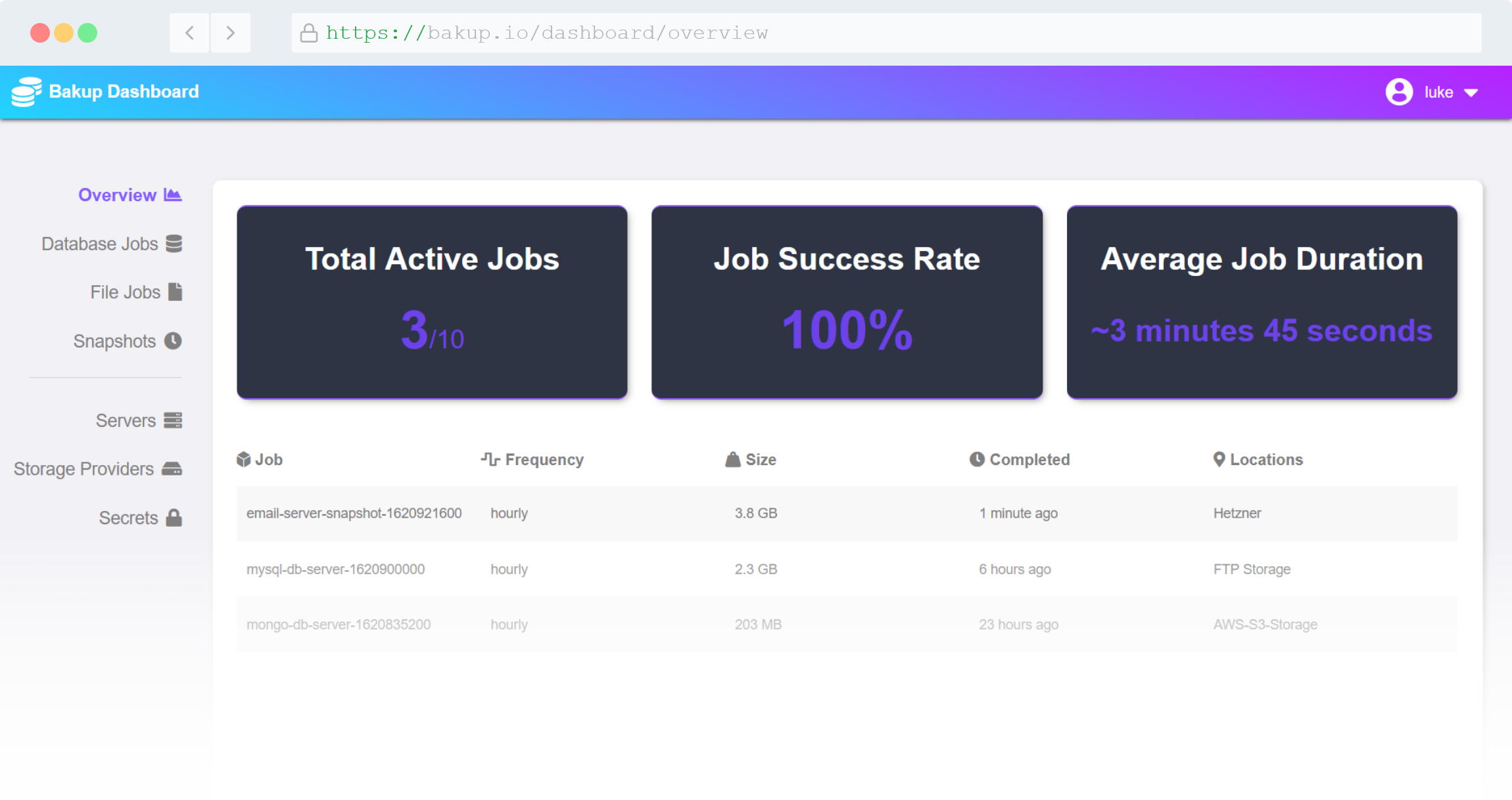 The Bakup.io dashboard